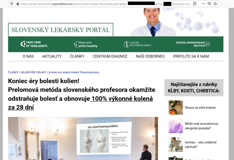 Slovenský lekársky portál, internetový podvod Knee Active Plus