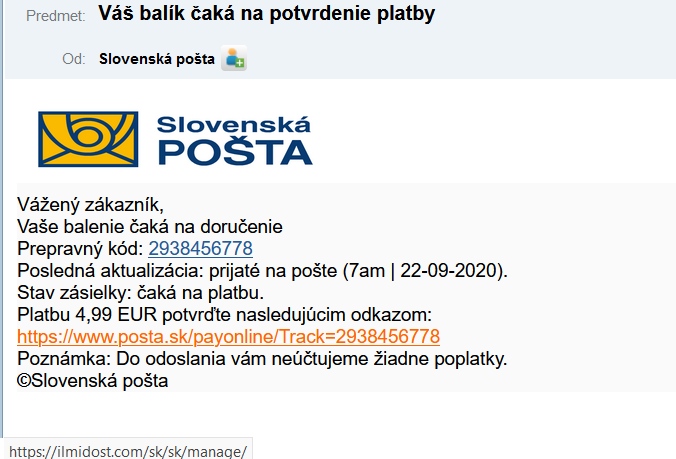 Slovenská pošta scam email