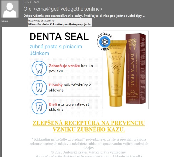 Denta Seal šmejd zubná pasta, podvodný magazín, lekár aj spam