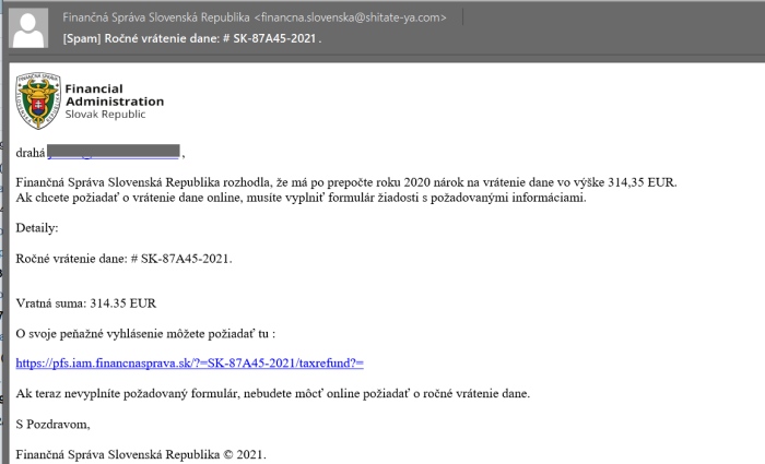 falošný email od Finančná správa slovenskáý republika, podvodný email