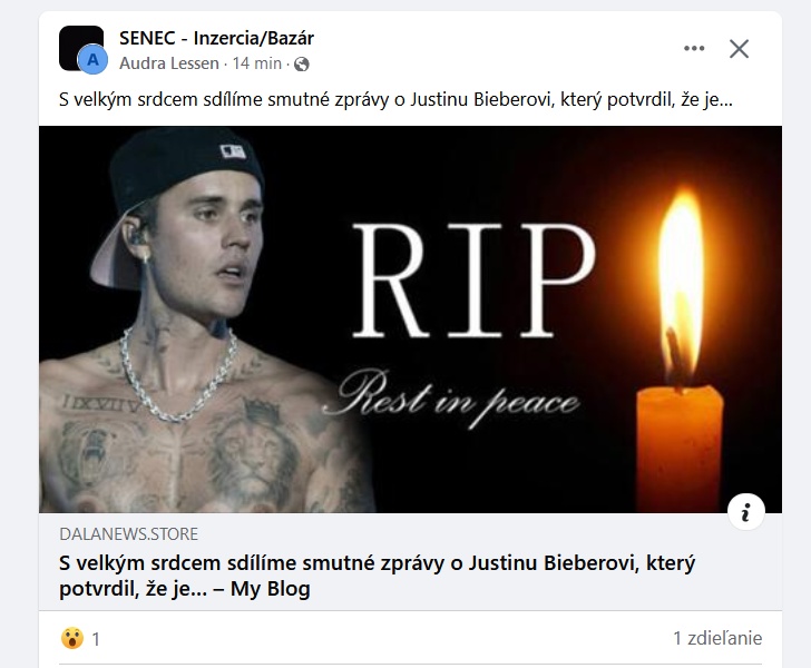 Justin Bieber falošná smrť, podvodný príspevok na facebooku