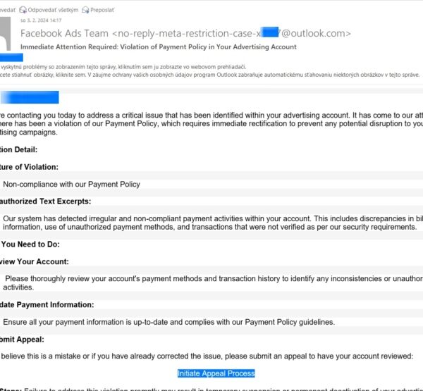 falošný email facebook ad team